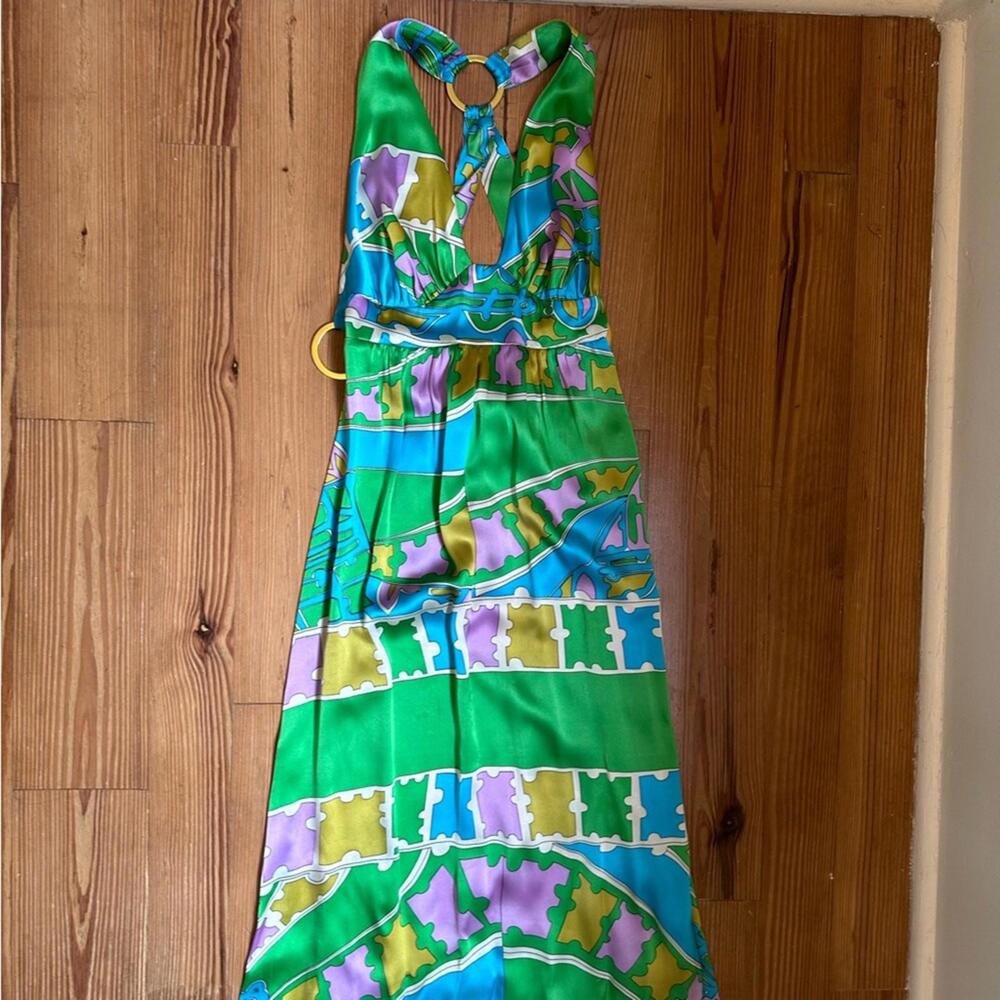 Alice & Trixie silk halter open back pastel geometric maxi dress SIZE XS